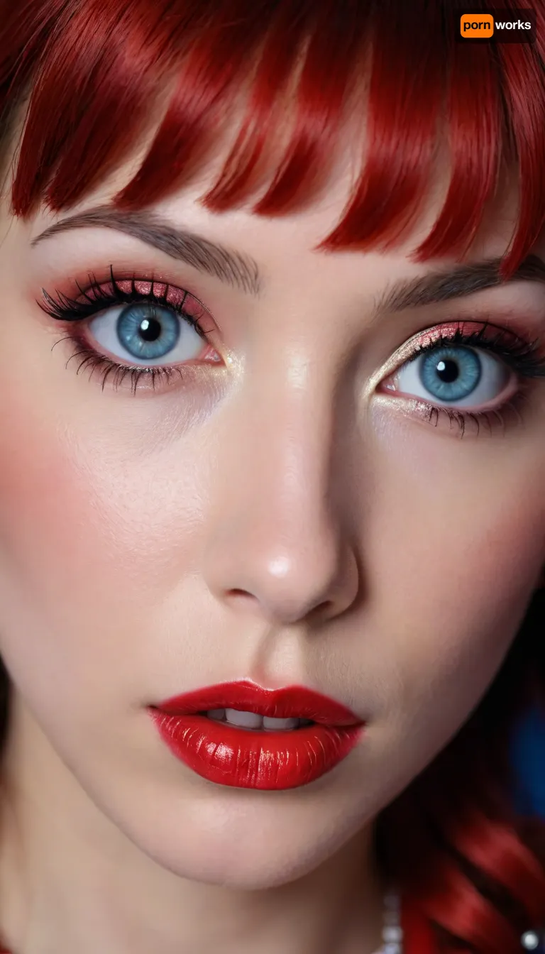 I have snake eyes, long blue eyelashes, eyeliner, lush and bright red lips with silver sparkles, narrow eyebrows, pearly hair, straight bangs, 5 pigtails, manicure