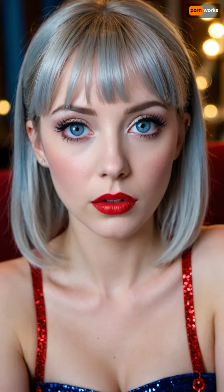 I have snake eyes, long blue eyelashes, eyeliner, lush and bright red lips with silver sparkles, narrow eyebrows, pearly hair, straight bangs, 5 pigtails, manicure