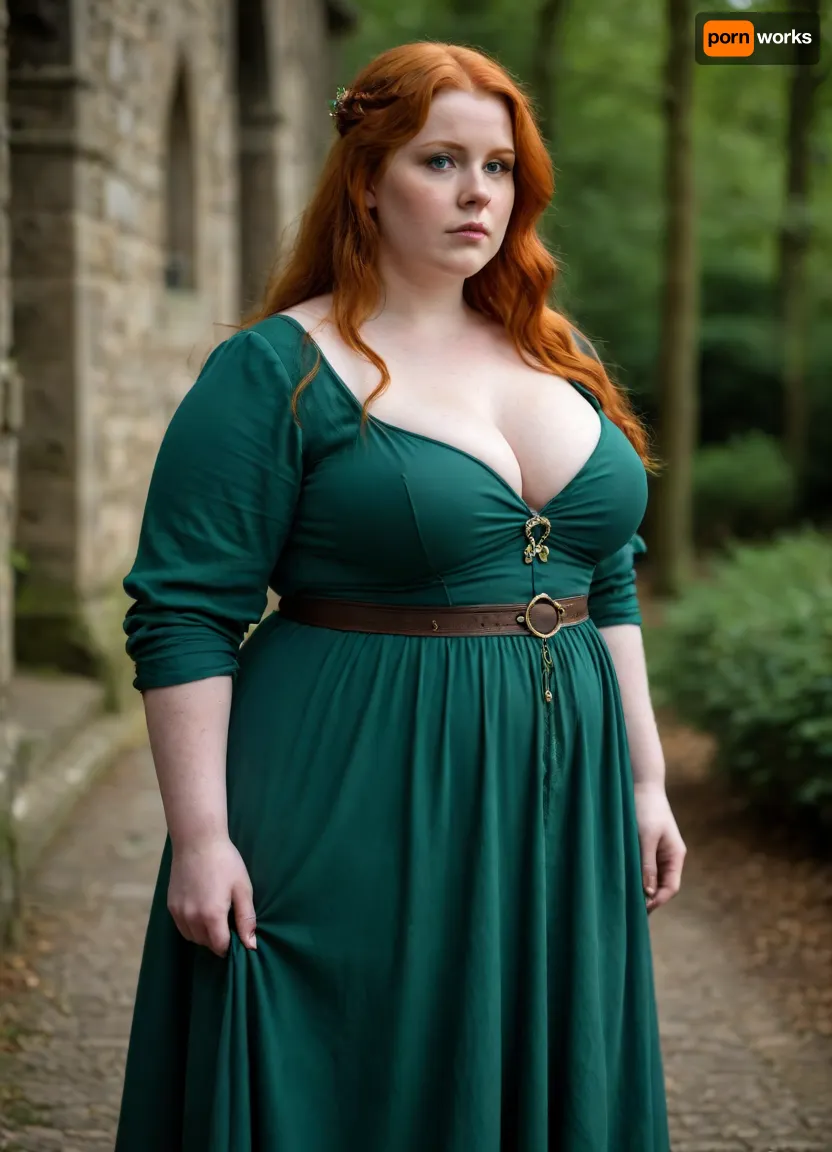 seductive shameless irish redhead bbw in medieval green dress with very low neckline, her tits are almost naked, big breasts in a low-cut dress