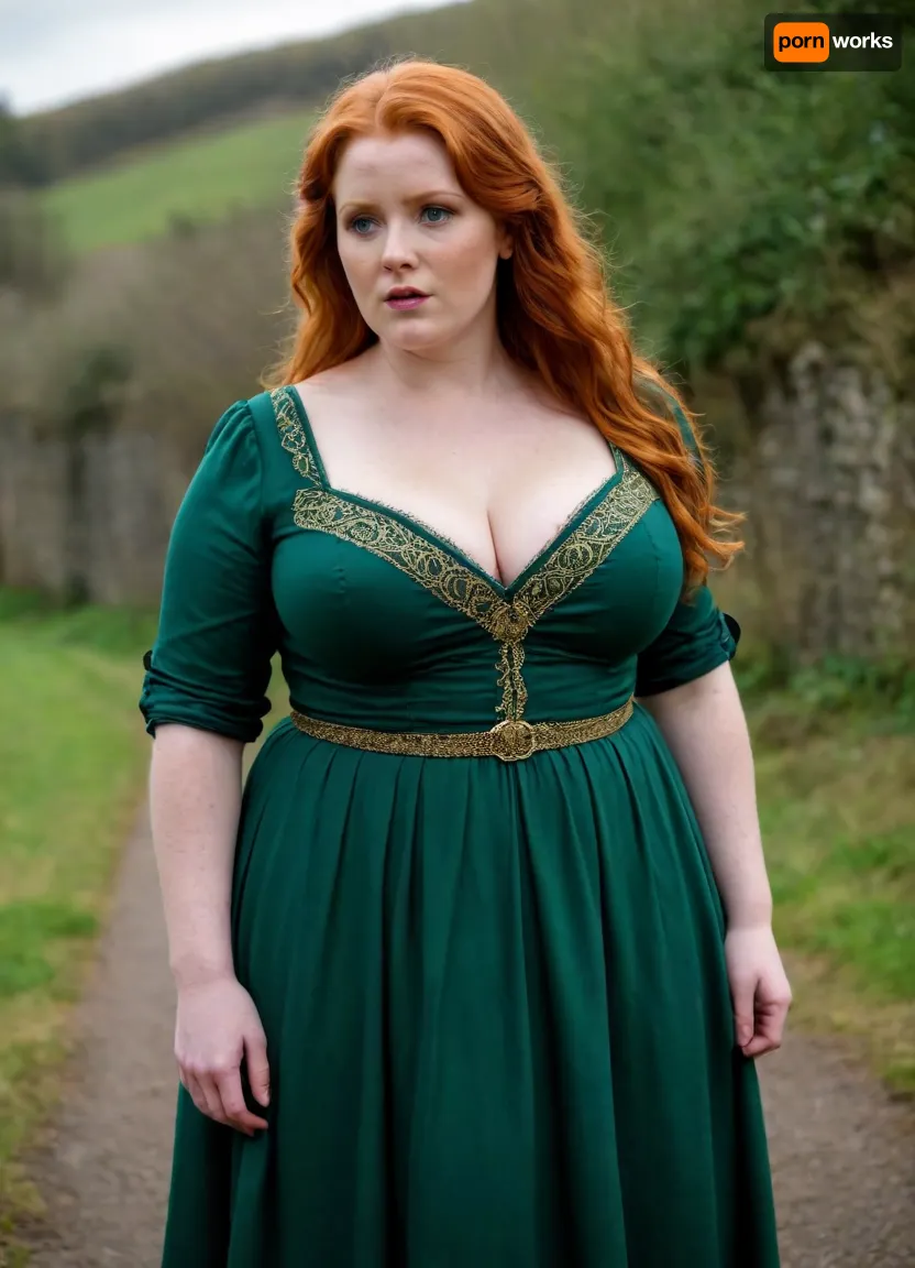seductive shameless irish redhead bbw in medieval green dress with very low neckline, her tits are almost naked, big breasts in a low-cut dress, tits almost out