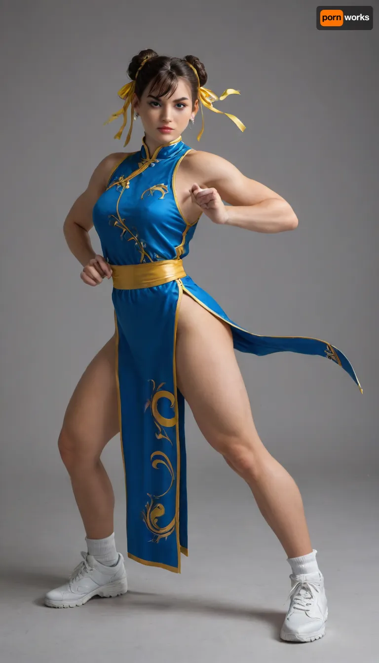 Photograph, Chun Li from the Street Fighter video game series. Chun Li is portrayed with fair skin and light brown hair styled in two buns with yellow ribbons. She has blue eyes and a determined expression. She is dressed in her iconic blue qipao with gold accents, showcasing her slim figure. Her hands are in a fighting stance, showcasing her muscular arms. The background is a misty, dimly lit environment with a blue hue. The image is a full-body shot, highlighting Chun Li's poised and powerful stance. The rendering is highly detailed, with realistic textures on her clothing and accessories., <lora:Chun-Li-SDXL:.5> Photograph, Chun Li from the Street Fighter video game series. Chun Li is portrayed with fair skin and light brown hair styled in two buns with yellow ribbons. She has blue eyes and a determined expression. She is dressed in her iconic blue qipao with gold accents, showcasing her slim figure. Her hands are in a fighting stance, showcasing her muscular arms. The background is a misty, dimly lit environment with a blue hue. The image is a full-body shot, highlighting Chun Li's poised and powerful stance. The rendering is highly detailed, with realistic textures on her clothing and accessories., <lora:Chun-Li-SDXL:.5>