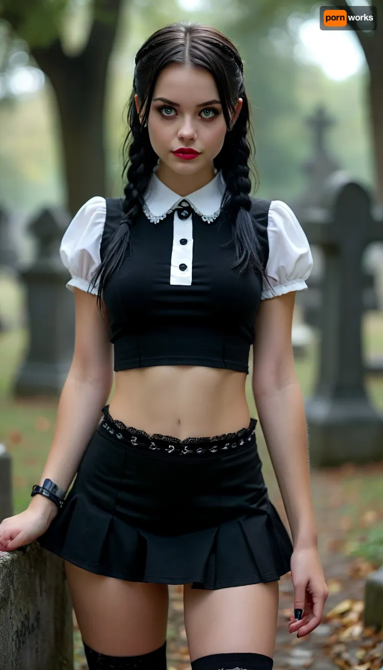 View from thighs up of small breasted 19 age adult Wednesday Addams standing in a dark graveyard wearing black panties, interested, gorgeous, 19 years old, small firm erected perky firm breasts, pierced hsrd erected small nipples, vrry tight fitting 80 percent transparebt, extremely short black school mini skirt showing lace thong, white button shirt expressive eyes, long eyelashes, eyeliner and mascara, pink lipstick, black thigh high woolsocks, black converse sneakers, spike cokkar, subtle alluring horny smile, dark graveyard background, but, <lora:MJ52:2>, <lora:add-detail-xl:2>, <lora:BUT_SDXL_SHS:.3>