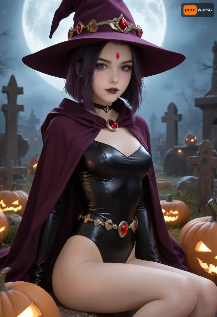 masterpiece, best quality, high resolution, hires, score_9, score_8_up, score_7_up, score_6_up, (DC comics titans raven:1.4), detailed face, light Grey skin, short purple hair, bobcut hairstyle, purple hightlights in hair, purple eyeshadow, black lipstick, dark eyeliner, goth make up, red diamond on forehead, slim body, dark purple skin tight leotard, ruby jeweled brooch, purple wool hooded cloak, purple wool witches hat, extended conical crown, wide brim hat, glowing red jeweled belt, black leather choker, slim ass, sitting, looking at viewer, night time, visible stars, graveyard setting, graveyard is littered with pumpkins, diverse pumpkins, bright moon, moon glow, detailed background, ratatatat74, face, <lora:287175_training_data:1.3>, <lora:ratatatat74-000050:1.3>, <lora:Raven_XL:1.6>, <lora:JustCum:1.4>, NEGATIVE_HANDS