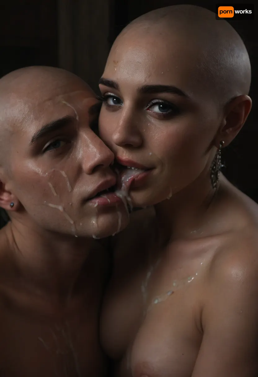 (((bald and unshave man), and woman)), slight smile, loving, woman above man, woman looking at viewer, ((after sex)), ((kissing)), ((cum in mouth)), ((cum on both faces:1.5)), ((cum on mans face:1.6)), ((embrace)), ((licking)), naked, ((cum sharing)), <lora:Men'sFacialV3.8:1.8>, <lora:476613_training_data:1.4>, <lora:dark:.1>