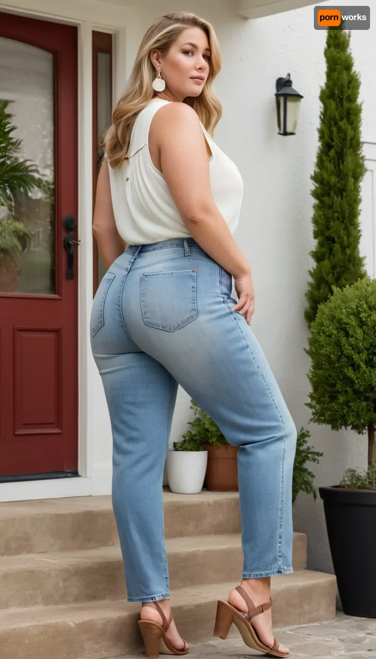 Photorealistic. Plus size jeans fashion style image. Full body view, chubby, plus size, prominent bulging fupa, age 60, waiting at the open the door, stairs, focus face, look at the viewer, rear to side view, very wide broad hips, curvy, bbw chubby milf, tall large, woman, pale skin, fat thick arms, wide low sagging butt cheeks, freckles. dirty blond long hair, bob haristyle, freckles, cloudy day, earrings, (very loose white sleeveless chiffon blouse open buttons), open some buttons, deep neckline, ((pookies)), jeans, barefoot, pretty handbag, date, elegant, pretty, outside, modern house, garage, street, courtyard entrance, light by flash, looks like a real pic