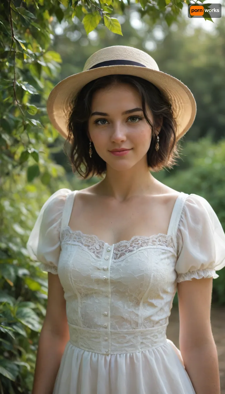 "A photo of a young woman wearing a white dress with puffy sleeves and a white hat with a ribbon. She is standing outdoors in front of a blurred background with greenery. She has long black hair and is smiling. The lighting is natural and soft, with the sun casting gentle shadows. The camera angle is eye-level, and the image is SFW. The woman has a slender build and is wearing small earrings. The dress has a gathered waist and a lace-trimmed neckline. The background is out of focus, with a mix of green and brown tones, <lora:Tifa-Lockhart-SDXL:.5>