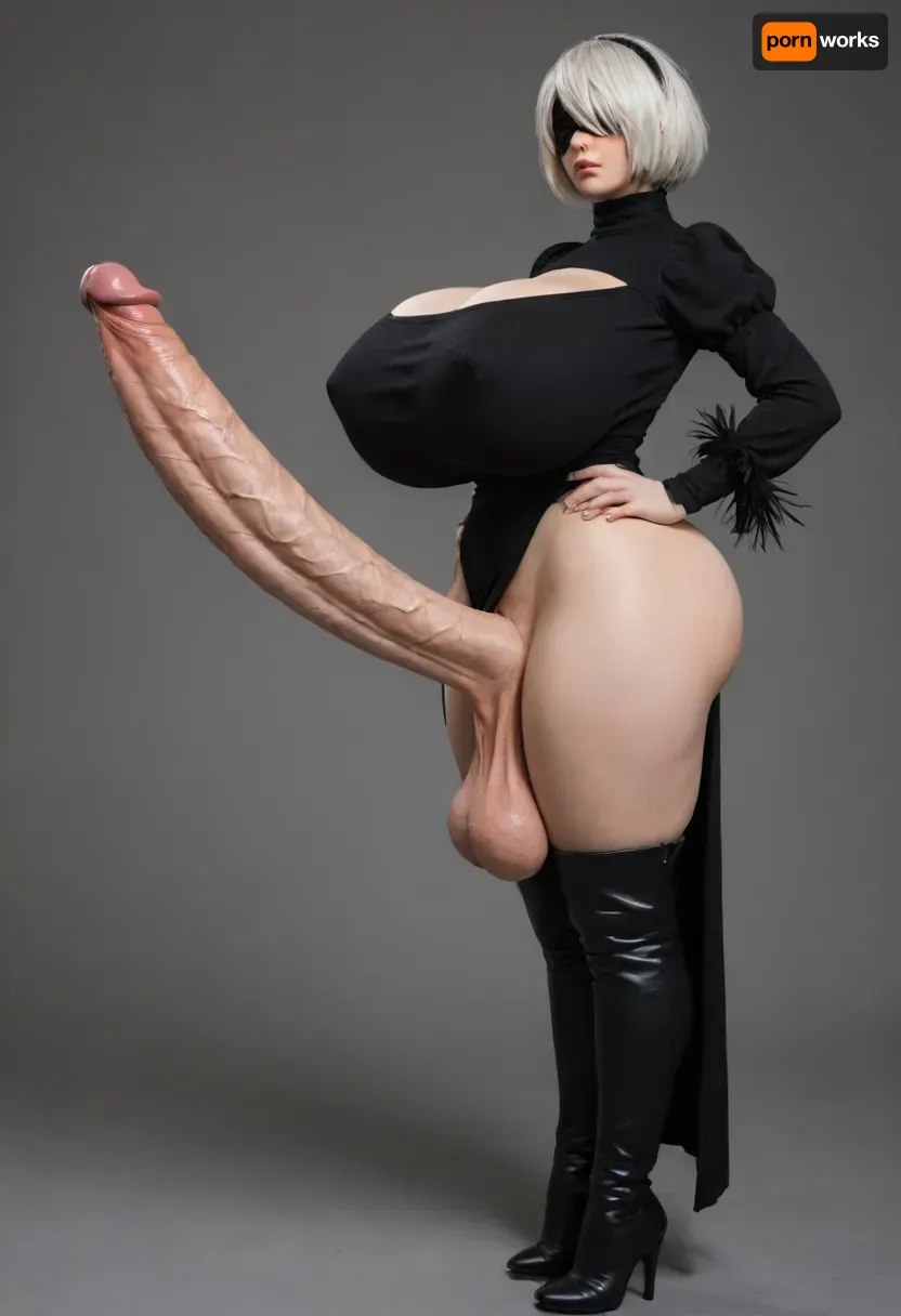 Yorha unit 2B from nier automata, arms on hips, 2b cosplay, white bobcut hair, beauty mark on left side of chin, high-slit black turtleneck top, puffed sleeves ending in mid-forearm in the form of crow feathers, thigh high black high heel boots, slim face, black blindfold, both eyes covered, futanari, FUTA, huge thick veiny cock, slim long cock, ((((((((((long cock)))))))))), huge flare, erected cock, straight erected cock, erection, detailed cock, upper curved cock, ((((huge heavy testicles)))), cleavage, (((gigantic natural breasts))), massive breasts, long breasts, saggy breasts, hanging breasts, ((gigantic hips)), (gigantic saggy breasts), black nipple pasties, (gigantic ass), huge thighs, overflowing thighs, serious expression, ((far view)), simple background, cock focus, (side view)
