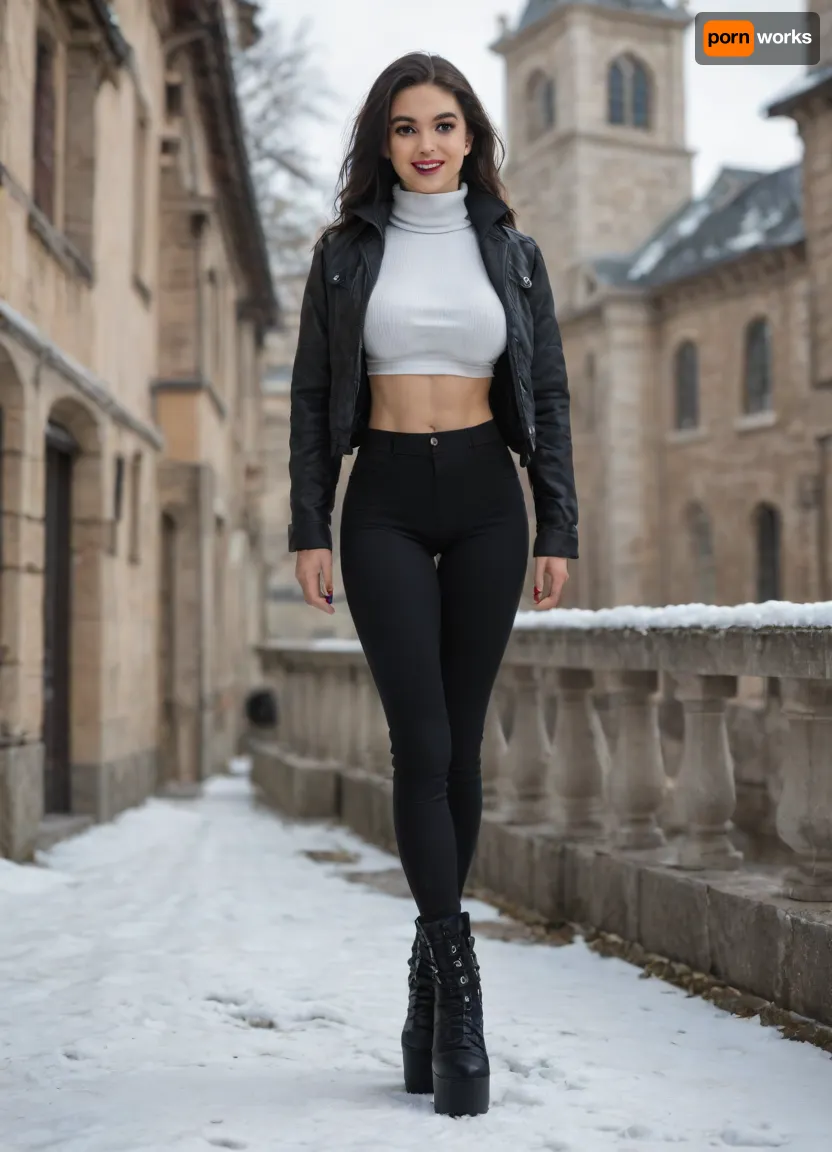 Single azeri girl is 30 years old, her height is 160 centimeters, her weight is 48 kilograms, bright makeup, high cheekbones, beautiful almond-shaped eyes, real eyes, thick eyelashes, steep arch thick eyebrows, white even teeth in mouth, joyful smile, (legs:1.3), (black high heel platform boots, black trousers, breasts under long white shirt with high collar, under black winter jacket), with radiant skin, very long straight layered flowing black hair, light skin color, warm skin, skinny body, skinny legs, skinny physique, six-pack, relief toned abs, skinny hips, relief muscles, (huge fake breasts, (DDDD-CUP), perfect round silicone breasts, bouncy breasts, toned breasts), highly detailed breasts, highly detailed skin, highly detailed face, highly detailed teeth, highly detailed hands, highly detailed arms, highly detailed fingers, highly detailed nails, highly detailed lips, highly detailed eyes, highly detailed legs, realistic, (best quality), masterpiece, high resolution, wallpaper 8k, UHD, (high quality), (super detail), 8K, (highest quality), (best details), (perfect lighting), perfect natural lighting, (best shadow), (best shot), (best lighting), (best shadow, best shaded shadows), shot with a Nikon Z7 II camera, very narrow waist, rounded hips, very high legs, 1girl, very big bright red lips, plump red lips, fingers with red manicure, yellow gold earings, hooker, walking in a backyard near a palace, winter, snow. Single azeri girl is 30 years old, her height is 160 centimeters, her weight is 48 kilograms, bright makeup, high cheekbones, beautiful almond-shaped eyes, real eyes, thick eyelashes, steep arch thick eyebrows, white even teeth in mouth, joyful smile, (legs:1.3), (black high heel platform boots, black trousers, breasts under long white shirt with high collar, under black winter jacket), with radiant skin, very long straight layered flowing black hair, light skin color, warm skin, skinny body, skinny legs, skinny physique, six-pack, relief toned abs, skinny hips, relief muscles, (huge fake breasts, (DDDD-CUP), perfect round silicone breasts, bouncy breasts, toned breasts), highly detailed breasts, highly detailed skin, highly detailed face, highly detailed teeth, highly detailed hands, highly detailed arms, highly detailed fingers, highly detailed nails, highly detailed lips, highly detailed eyes, highly detailed legs, realistic, (best quality), masterpiece, high resolution, wallpaper 8k, UHD, (high quality), (super detail), 8K, (highest quality), (best details), (perfect lighting), perfect natural lighting, (best shadow), (best shot), (best lighting), (best shadow, best shaded shadows), shot with a Nikon Z7 II camera, very narrow waist, rounded hips, very high legs, 1girl, very big bright red lips, plump red lips, fingers with red manicure, yellow gold earings, hooker, walking in a backyard near a palace, winter, snow.