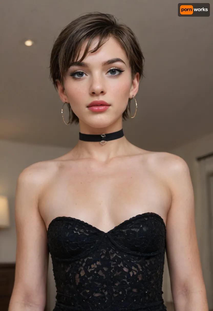 trans Andylynn Payne alone in dress, choker, big hoop earrings, short pixie-cut hair, flat-chested, cock is showing below the hem of dress, eyeshadow, mascara, eyeliner, lipstick, blush, background is a dark bedroom, flat, chested, andylynn55, <lora:flat_chested_v3.5:2>, <lora:AndyLynn55:2>