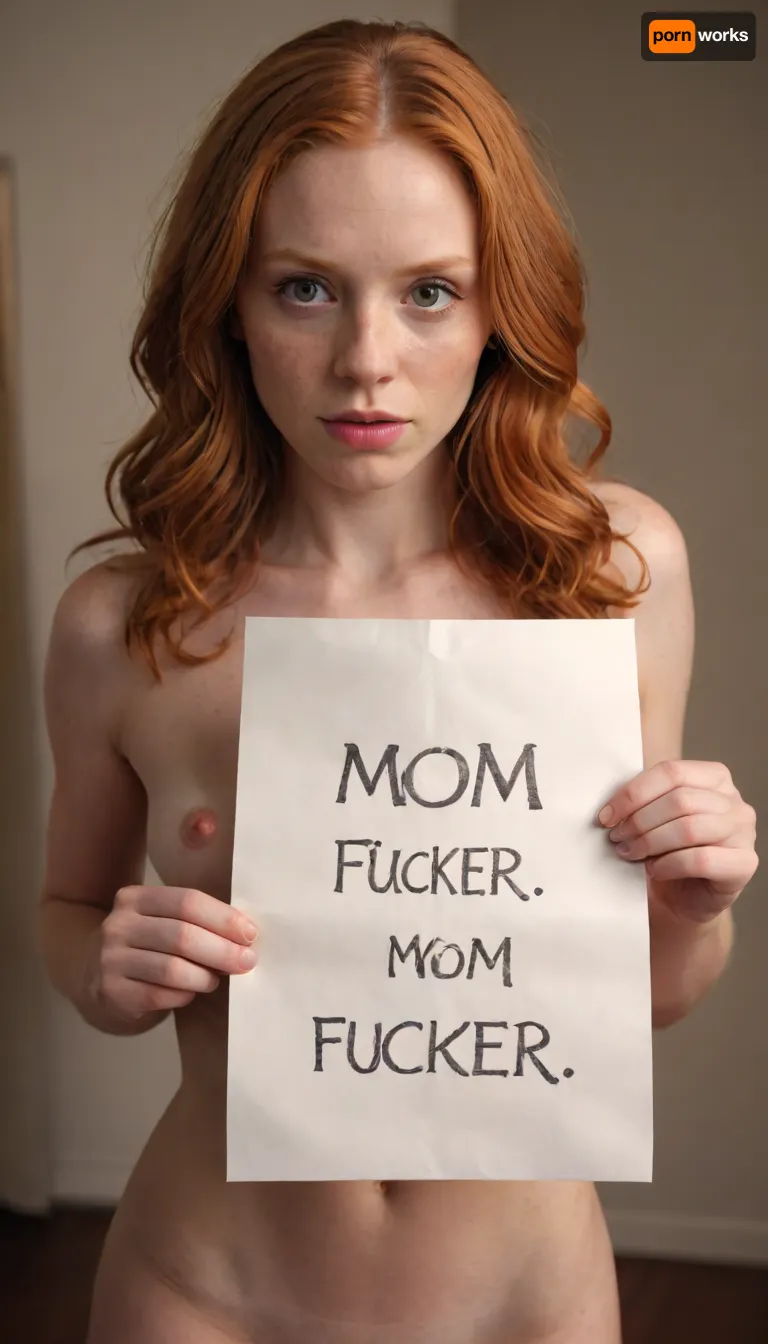One sexy nude ginger girl held a piece of paper with "Mom-Fucker" written on it, <lora:Designer_BlindBox-000015:.5>