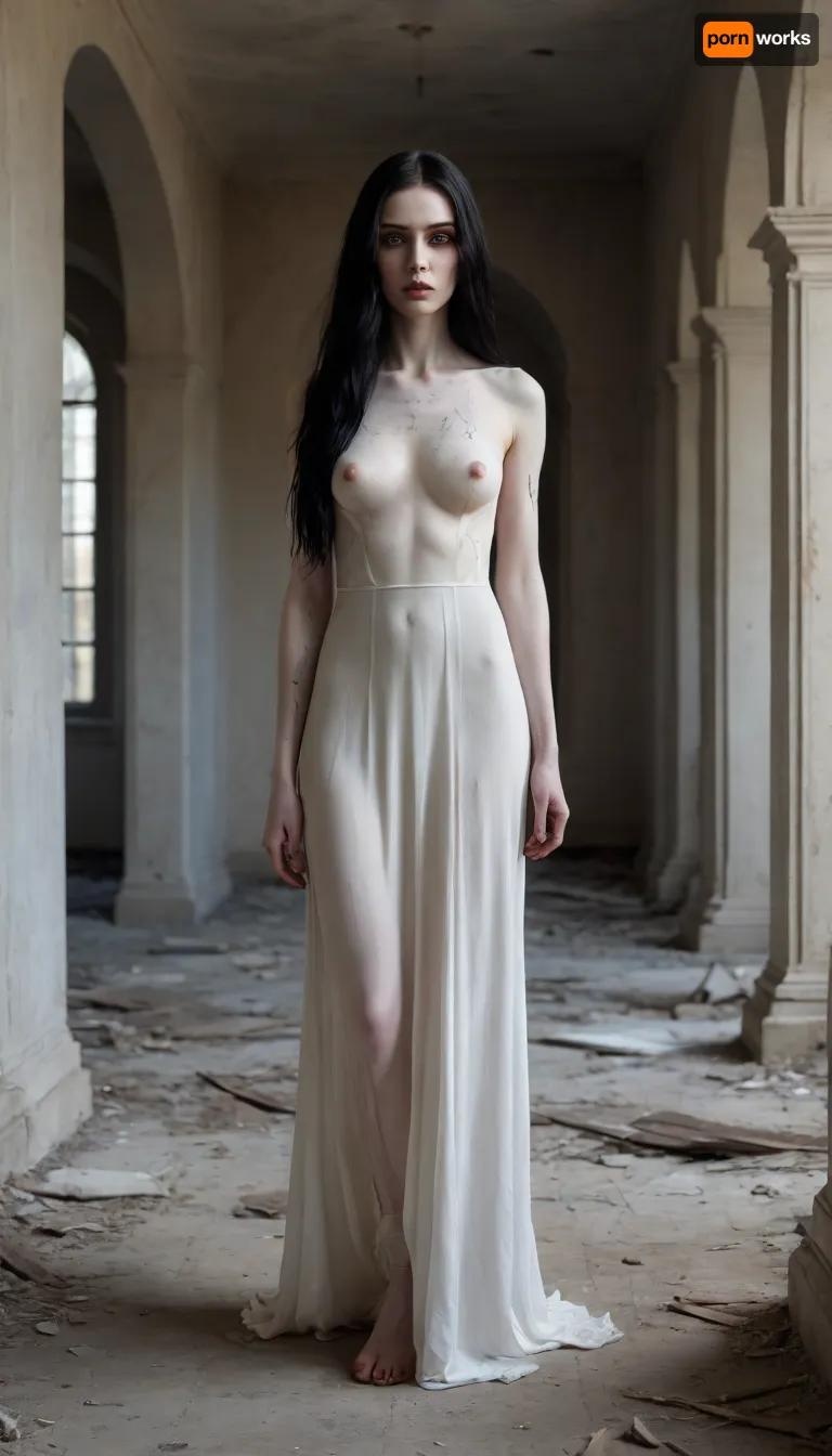 High contrast, supernatural ghost girl, alternative, goth, black very very long hair, slender figure, wide hips, shadow figure, (skin painted pale white:1.7), seductive, imposing, mascara, mysterious presence, haunting presence, stunning long legs, ghost girl, high-heeled sandals, elegant transparent robe, ethereal, walking through a Abandoned and heavy ruined and dreadful architecture, broken dirty windows, few Autumn leaves on the palaces floor, Peeling paint on the walls, large soot marks on the walls and ceilings, dark atmosphere