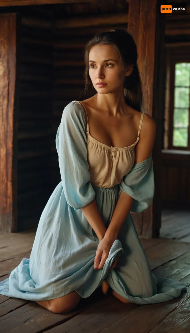 The girl is about thirty years old, her appearance is characteristic of the Tatar type of beauty, her bright eyes shine brightly. She is dressed in a loose-fitting, light-colored house dress with a deep round neck and thin straps, one of which slipped off her shoulder unnoticeably. Her luxurious long dark hair is neatly gathered into a loose ponytail, revealing the delicate line of her neck. The natural breast of the third size gently descends down, emphasizing the femininity of the figure. The girl is concentrating on bending over the wooden floor of an ancient Russian house, carefully wiping the surface with a damp cloth
