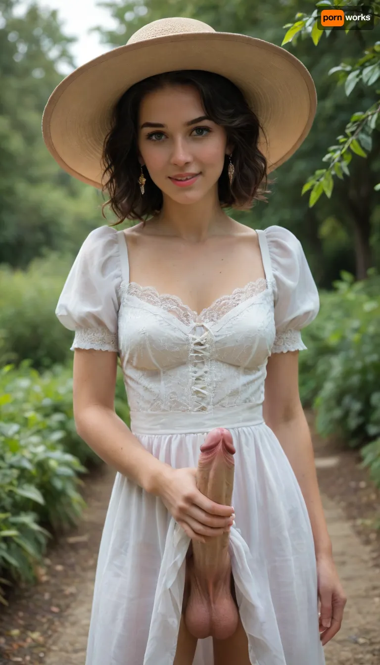 "A photo of a young woman wearing a white dress with puffy sleeves and a white hat with a ribbon. She is standing outdoors in front of a blurred background with greenery. She has long black hair and is smiling. The lighting is natural and soft, with the sun casting gentle shadows. The camera angle is eye-level, and the image is SFW. The woman has a slender build and is wearing small earrings. The dress has a gathered waist and a lace-trimmed neckline. The background is out of focus, with a mix of green and brown tones, futanari, mastrubation, erect penis, hard penis, sagging testicles, veiny cock, leaking precum, throbbing cock, <lora:Tifa-Lockhart-SDXL:.5>