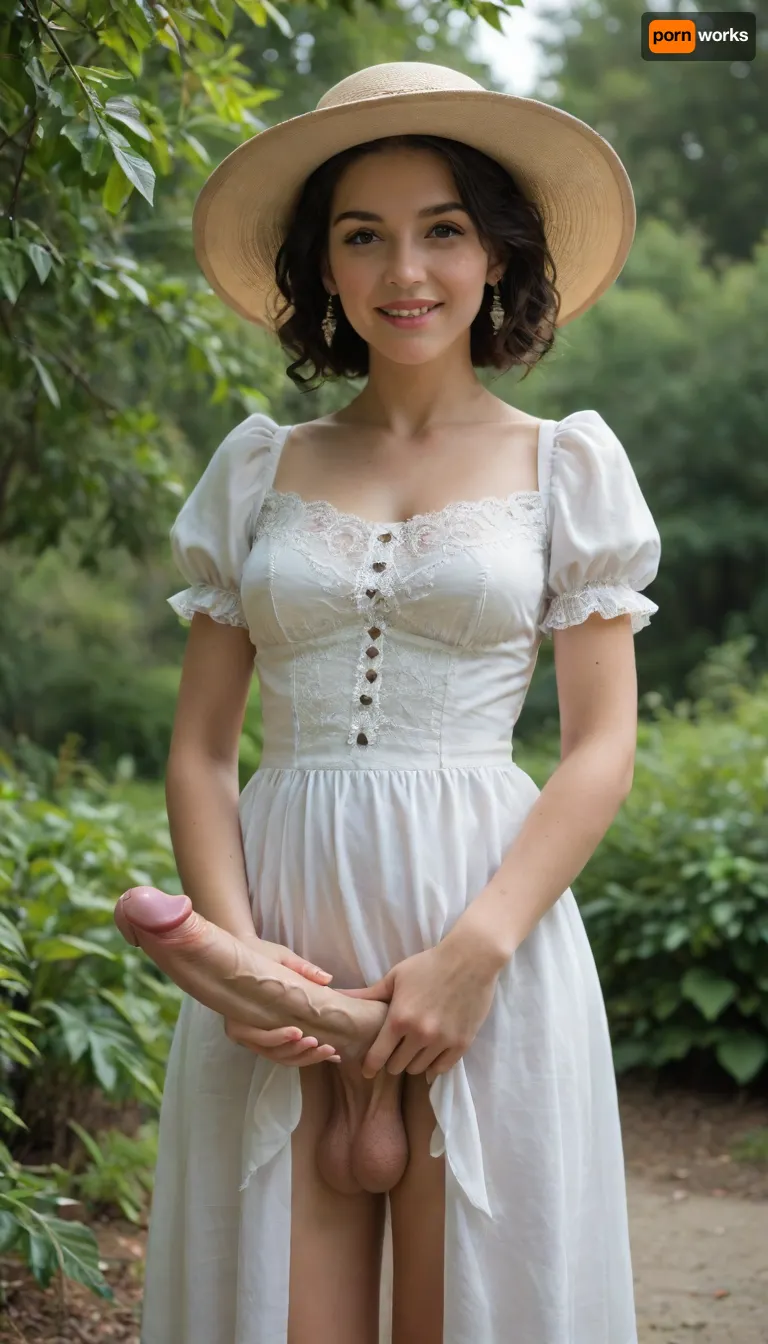 "A photo of a young woman wearing a white dress with puffy sleeves and a white hat with a ribbon. She is standing outdoors in front of a blurred background with greenery. She has long black hair and is smiling. The lighting is natural and soft, with the sun casting gentle shadows. The camera angle is eye-level, and the image is SFW. The woman has a slender build and is wearing small earrings. The dress has a gathered waist and a lace-trimmed neckline. The background is out of focus, with a mix of green and brown tones, futanari, mastrubation, erect penis, hard penis, sagging testicles, veiny cock, leaking precum, throbbing cock, <lora:Tifa-Lockhart-SDXL:.5>