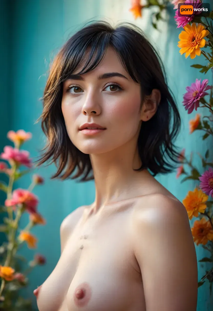 A charming Japanese woman, short tousled layered black hair with delicate wispy bangs, direct sunlight illuminating the left side of her face, a vibrant beautiful rainbow prism light flare refracts across the right side of the image washing over her hair and shoulder with a spectrum of vivid colors, She is set against a simple muted teal-colored wall, delicate dried flowers in the foreground, (nude:1.3), (pretty face:1.8), (perfect nose:1.6), slender body, perfect legs, fair skin, (full body portrait:1.3), <lora:Midjourney Image Enhancer XL v1:.8>