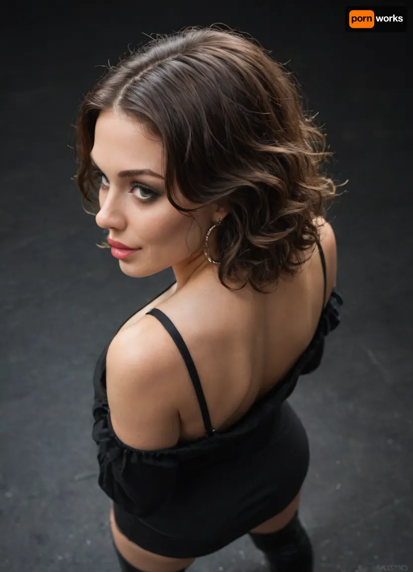 Gorgeous milf, brunette hair, (wild hair:1.2), short hair, loose hair, smirk, grin, cruel mistress, (bimbo makeup), dark lipstick, (sharp facial features:1.2), (snub-nosed:1.2), (large full lips:1.2), (wide jaw), big eyes, black mini dress, long sleeve dress, bodycon dress, black background, downblouse, black thigh-high-boots, (dancing), (posing), high angle view, (close-up view), (back arched)