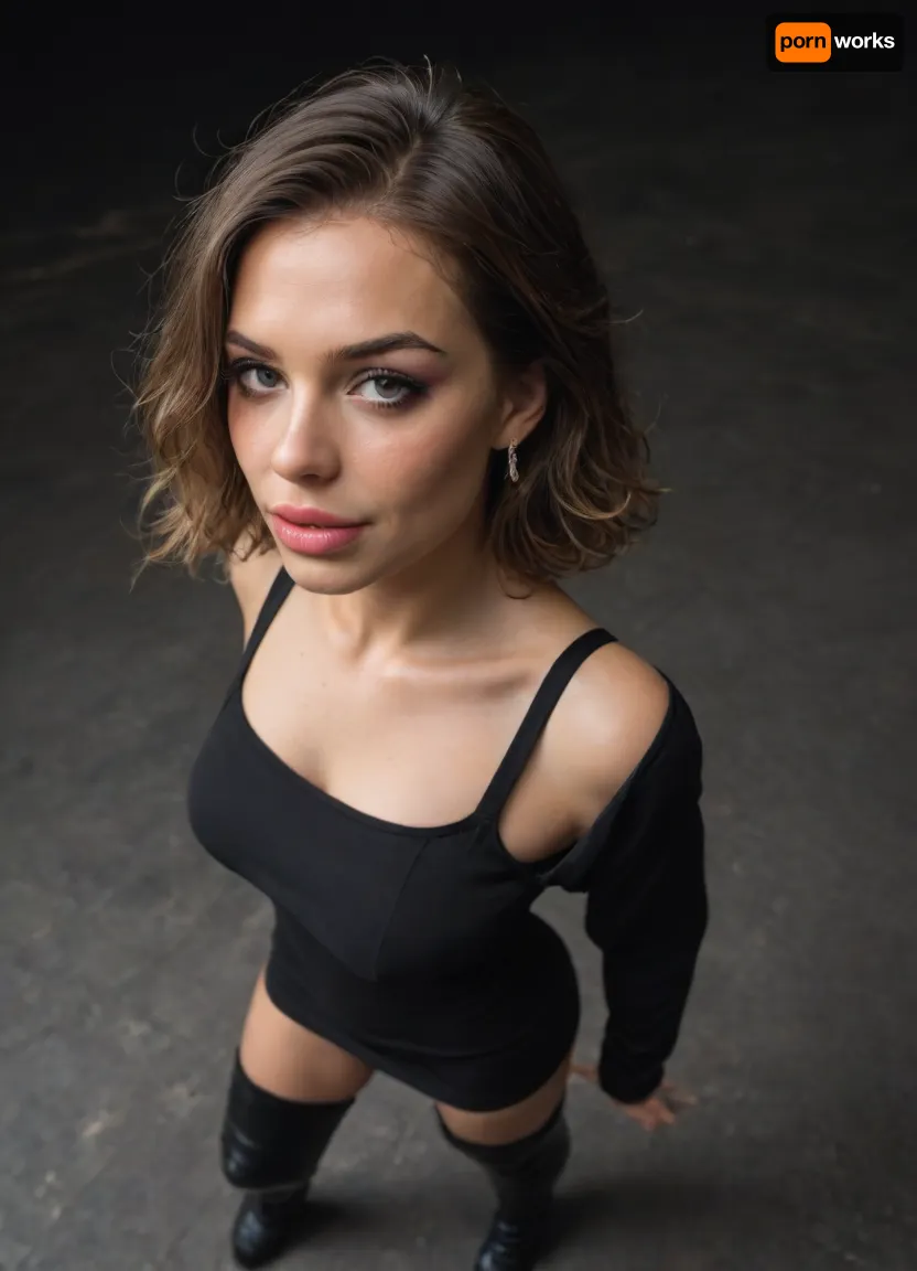 Gorgeous gilf, brunette hair, (wild hair:1.2), short hair, loose hair, smirk, grin, cruel mistress, (bimbo makeup), dark lipstick, (sharp facial features:1.2), (snub-nosed:1.2), (large full lips:1.2), (wide jaw), big eyes, black mini dress, long sleeve dress, bodycon dress, black background, downblouse, black thigh-high-boots, (dancing), (posing), high angle view, (close-up view), front view, (back arched), standing