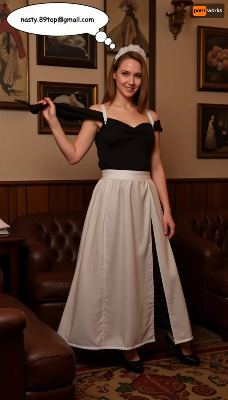 A petite french maid, wearing a maid uniform, speech bubble "nasty.89top@gmail.com", in an old fashioned gentlemen club.