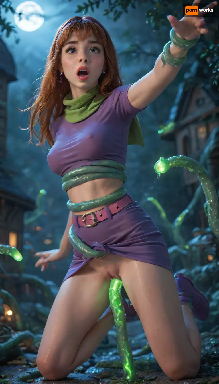 Daphne Blake, 36 years old, Scooby-Doo series, shoulder-length red hair, black eyes, almond-shape eyes, red lipstick, shocked face, mouth opened, screaming, skin imperfections, very slender, tight purple top, covered pointing nipples, midriff exposed, pink belt, purple skirt, purple shoes, purple headband, green scarf, (barely standing on one foot, body leaning, girl loses her balance, falling), thighs spread, shaved pussy, many man thick green glowing tentacles, ((all tentacles are gooey green glowing tentacles)), (all tentacles are exaggerated thick), tentacles wrapped around arms, tentacles wrapped around legs, tentacles wrapped around waist, tentacle is lifting skirt, massive thick tentacle penetrating vagina, deep vaginal insertion, squirt dripping massively, in haunted garden, creepy mansion behind, at night, tentacles, 4ng3l, face, <lora:detailed_notrigger:.8>, <lora:MS_Real_XL_Tentacles:1.1>, <lora:Glowing_beach:.8>, <lora:SDXL_BetterFaces-LoRA_v1:.8>, <lora:add-detail-xl:.8>