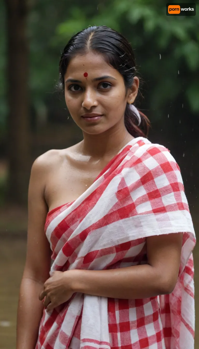 An Indian Bengali married wife wearing a red and white check very thin transparent wet towel in wet body, wet hair
