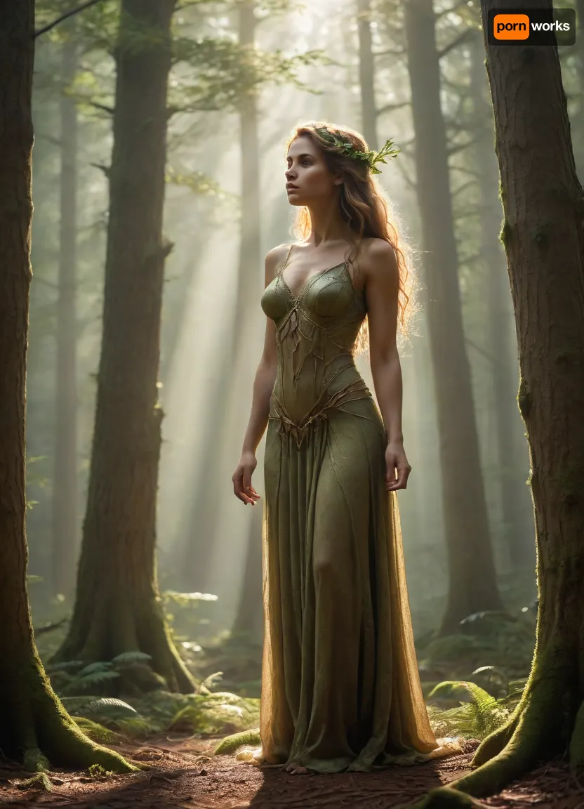 A dryad standing gracefully in the distance, framed by ancient trees and soft forest light. She is seen from mid or far perspective, partially veiled by mist and sunbeams filtering through the canopy. Her skin seamlessly resembles living wood — smooth, warm, and organic, with subtle veins of green and golden sap beneath the surface, as if her body itself grew from the forest. The expression is serene and wise, eyes reflecting dappled sunlight. Soft golden rays illuminate floating dust motes, enhancing the ethereal atmosphere. Painterly style, cinematic composition, fine art, highly detailed, atmospheric fantasy landscape.
fantasy art, fine art painting, natural textures, forest spirit, ethereal lighting, SFW, atmospheric perspective, nature harmony