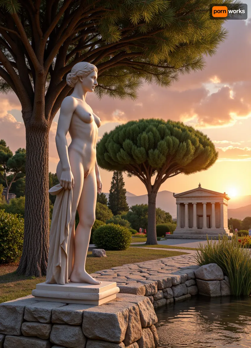 "An ancient Greek sacred grove at sunset. Centuries-old laurel trees surround a marble statue of the goddess Artemis, created by an architect dressed in a comfortable exomis. In the background, you can see the facade of a small Doric temple. A stone stream murmurs nearby. The sky is painted in warm orange and pink tones. Classic style, detailed drawing, epic landscape."
Detailed image, high resolution, 8K, dynamic movement of the work at that moment, correct lighting for this work.