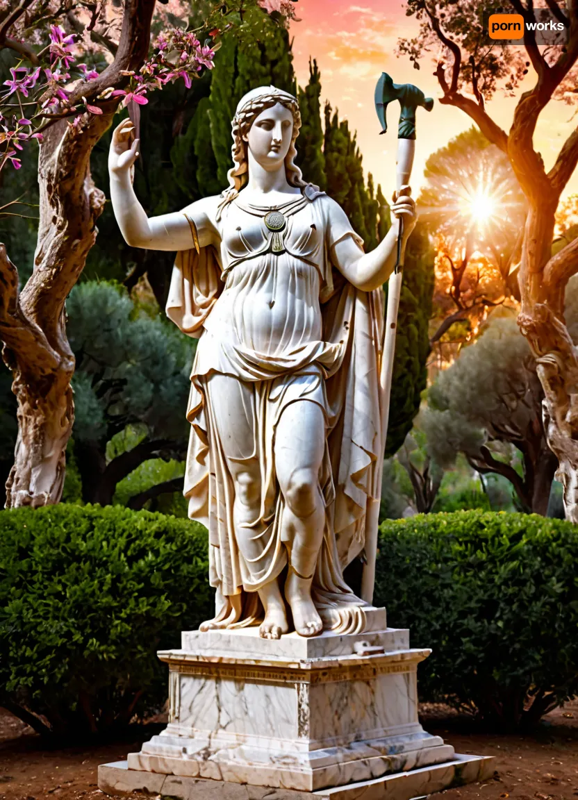 An ancient Greek sacred grove at sunset. Centuries-old laurel trees surround, (a marble statue of the goddess Artemis, which is being created by an architect dressed in a comfortable exomis:1.2), (he is creating the statue with the help of tools in his hands:1.4), . In the background, the facade of a small Doric temple is visible. A stone stream murmurs nearby. The sky is painted in warm orange and pink tones. Classical style, detailed drawing, epic landscape. Detailed image, high resolution, 8K, dynamic movement of the work at the moment, correct lighting for this work.