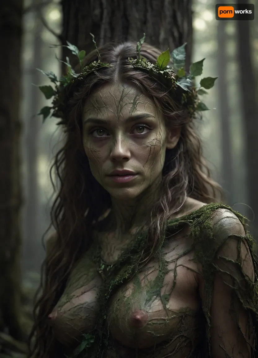 Realistic fantasy portrait of a dryad, a spirit of the forest. Her body is covered with natural bark patterns that look like a second skin — smooth, flexible, and seamlessly grown from her form. Subtle lines of moss and veins of green light run beneath the surface, giving her a living, organic appearance. Her eyes reflect forest light, and her hair flows like fine roots mixed with leaves. The background shows a softly lit woodland filled with warm golden rays. SFW, fine art concept art, cinematic realism, detailed textures, serene expression, nature spirit theme., Dark, dreams, Eerie, reality, Horror, Darkness, <lora:DDXL:.8>