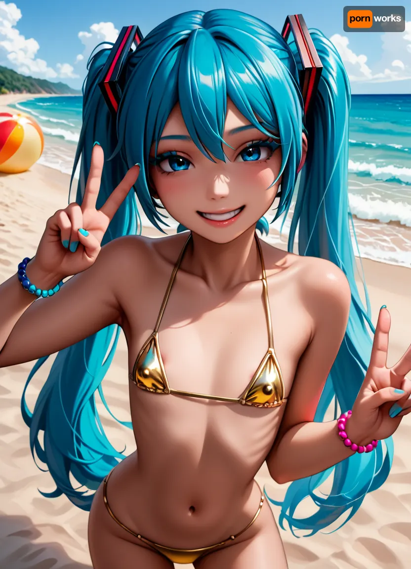 woman, best quality, masterpiece, (Hatsune Miku:1), detailed blue eyes, (blue hair), twintails, ((beach)), (gold micro bikini), (flatchest:1.4), (areolaee slip), (half-closed eyes), sand, ocean, waves, peace, gyaru smile, happy, thick eyelashes, (evening), (((short height:1))), (vibrant colors), cowboy shot, (cowgirl pose, pov), looking at viewer, (<lora:3D XL:1.5>)