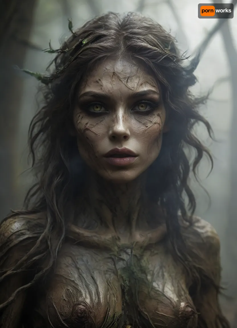 Realistic fantasy portrait of a dryad, a spirit of the forest. Her body is covered with natural bark patterns that look like a second skin — smooth, flexible, and seamlessly grown from her form. Subtle lines of moss and veins of green light run beneath the surface, giving her a living, organic appearance. Her eyes reflect forest light, and her hair flows like fine roots mixed with leaves. The background shows a softly lit woodland filled with warm golden rays. SFW, fine art concept art, cinematic realism, detailed textures, serene expression, nature spirit theme., (magic), wraith, <lora:RPGWraithXL:.8>, smoking, smoke, coming, out, of, the, mouth, <lora:Smoking_Babes_XL_V2:.8>, harpy, <lora:RPGHarpyXL:.8>