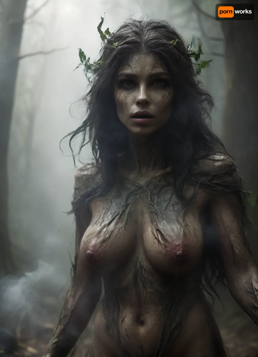 Realistic fantasy portrait of a dryad, a spirit of the forest. Her body is covered with natural bark patterns that look like a second skin — smooth, flexible, and seamlessly grown from her form. Subtle lines of moss and veins of green light run beneath the surface, giving her a living, organic appearance. Her eyes reflect forest light, and her hair flows like fine roots mixed with leaves. The background shows a softly lit woodland filled with warm golden rays. SFW, fine art concept art, cinematic realism, detailed textures, serene expression, nature spirit theme., (magic), wraith, <lora:RPGWraithXL:.8>, smoking, smoke, coming, out, of, the, mouth, <lora:Smoking_Babes_XL_V2:.8>, harpy, <lora:RPGHarpyXL:.8>, sagging, breasts, <lora:sagging-000015:.8>, <lora:milkers_v2:.8>