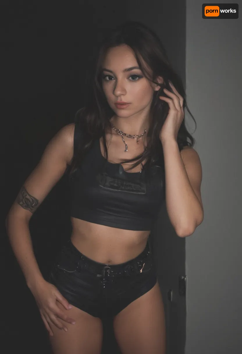 En la imagen aparecen dos personas posando en lo que parece ser una discoteca o club nocturno. La mujer, a la izquierda, viste un top de encaje negro con transparencias y tiene tetas perfectas y grandes y escote y un collar largo de cuentas moradas, junto a unos vaqueros. El hombre, a la derecha, lleva una camiseta estampada en blanco y negro con letras naranjas y sostiene un vaso en la mano derecha. Ambos miran a la cámara con gesto relajado. El entorno muestra lámparas esféricas decorativas de colores colgando del techo y focos metálicos de iluminación. Tetas