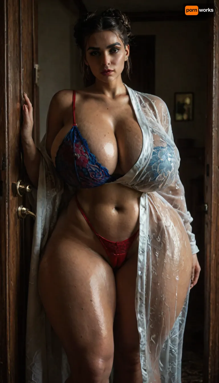 Torso shot, Soft light bedroom backdrop, ((perfect eyes, model face cut, beautiful high bun braid)), Young Housewife, (((massive huge breasts, petite waist, oiled wide broad hips, thicc thighs figure))), Dark Brown Beautiful housewife, waiting for her husband at door, standing in doorway on the porch, looking in distant, she is thicc at waist, (((ginormous breasts, deep sheer lace cleavage, one breast naked out of blue bra))), ((thicc huge thighs, hairy pouty cameltoe, red thong, wide hips, wide broad thighs:1.5)), fit huge butt, ((wearing sheer floral silk long open lace white robe)), puffy, nipples, dark, ghost, wide, <lora:LCMTurboMix_Euler_A_fix:.8>, <lora:dark:.8>, <lora:Nipples XL:.8>