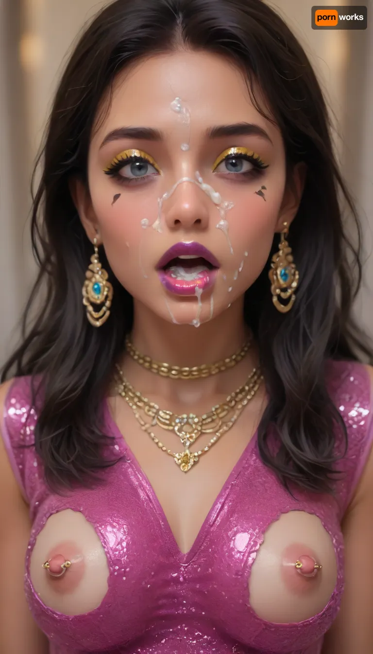 (high-quality facial detail:1.3), Indian sexy beautiful girl, (blue eyes:1.3), ((bimbo makeup, intense saturated glossy purple lipstick:1.2)), (Indian face:1.9), ((makeup:1.8), long blue eyelashes, olive eyeshadow with glitter), (lips:1.2), open mouth, saliva, in a transparent tight-fitting sequined dress, (pink-purple areoles are visible, nipples with piercings), an exquisite necklace and gold bracelets, (purple anus stretched around dildo), mid ejaculation, (penetration), she has long hair tied up in a bun, (purple pussy:1.7), nipple ringsnipple, (purple puffy anus:1.5), nipple ringsnipple rings, pussy view, slit pussy, slender long legs with a high waist, fishnet stockings, green stilettos, seductive grins, dark skin., (cum in mouth:1.3), (heavy pussy piercing:1.7), There is a lot of cum on the pubic area of the anus, <lora:926087_training_data:2>