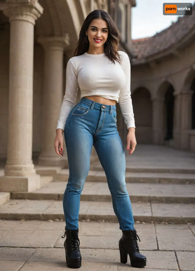 Single azeri girl is 30 years old, her height is 160 centimeters, her weight is 48 kilograms, bright makeup, high cheekbones, beautiful almond-shaped eyes, real eyes, thick eyelashes, steep arch thick eyebrows, white even teeth in mouth, joyful smile, (legs:1.3), (black very high heel platform boots, long blue jeans, breasts under long white shirt with long sleeves), with radiant skin, very long straight layered flowing black hair, light skin color, warm skin, skinny body, skinny legs, skinny physique, skinny hips, relief muscles, (huge fake breasts, (DDDD-CUP), perfect round silicone breasts, bouncy breasts, toned breasts), highly detailed breasts, highly detailed skin, highly detailed face, highly detailed teeth, highly detailed hands, highly detailed arms, highly detailed fingers, highly detailed nails, highly detailed lips, highly detailed eyes, highly detailed legs, realistic, (best quality), masterpiece, high resolution, wallpaper 8k, UHD, (high quality), (super detail), 8K, (highest quality), (best details), (perfect lighting), perfect natural lighting, (best shadow), (best shot), (best lighting), (best shadow, best shaded shadows), shot with a Nikon Z7 II camera, very narrow waist, rounded hips, very high legs, 1girl, very big bright red lips, plump red lips, fingers with red manicure, yellow gold earings, hooker, walking down the stairs to the pool in a palace.