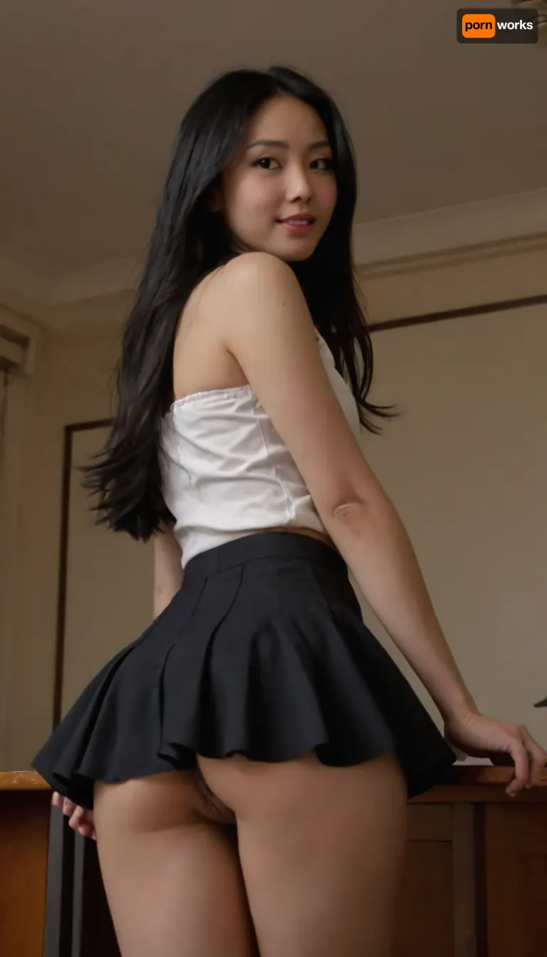 back view, High Quality, masterpiece, expressed in every detail, slim body, skinny, tiny petite, (very undeveloped flat chested:1.4), sexy student, very short and tiny sleeveless unbuttoned cropped white blouse barely covering her flat chest, tiny brown nipples, underboobs, nipslip, and, (extremely tiny micro pleated miniskirt barely covering butt), (very thick long high sexy black hair with center-parting:1.4), windy_upskirt, buttcheeks, (ass_cheeks visible, butt cheeks exposed slightly), unsharp blur effect, school, Blushing female colleague, Afternoon in-house, ceiling light, erotic happening, school Scenery in Japan, looking at viewer, smiling, rear pussy, <lora:SDXL_DatAss_v1:.5>, pale, skin