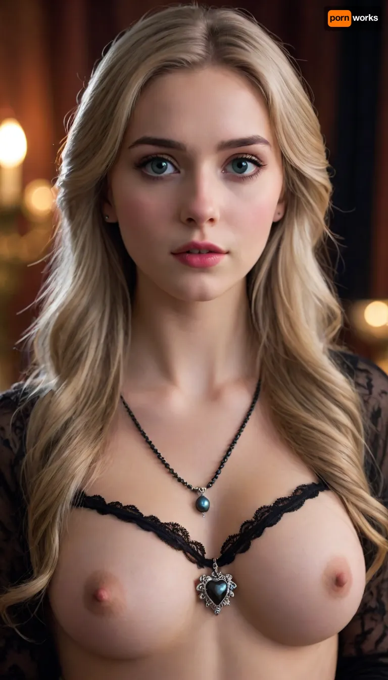 Elsa from frozen heart, 18 years old girl, very long hair, bright eyes, medium breasts, nipples, with black stockings, wearing black pearl necklace