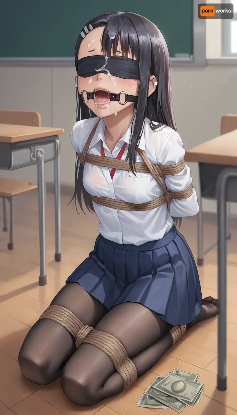 money, white collared shirt, pleated skirt, blindfolded, Hayase Nagatoro, black pantyhose, 1girl, tied, tied arms, tied legs, solo, kneeling, cum on face, full body, classroom, ring gag, open mouth gag