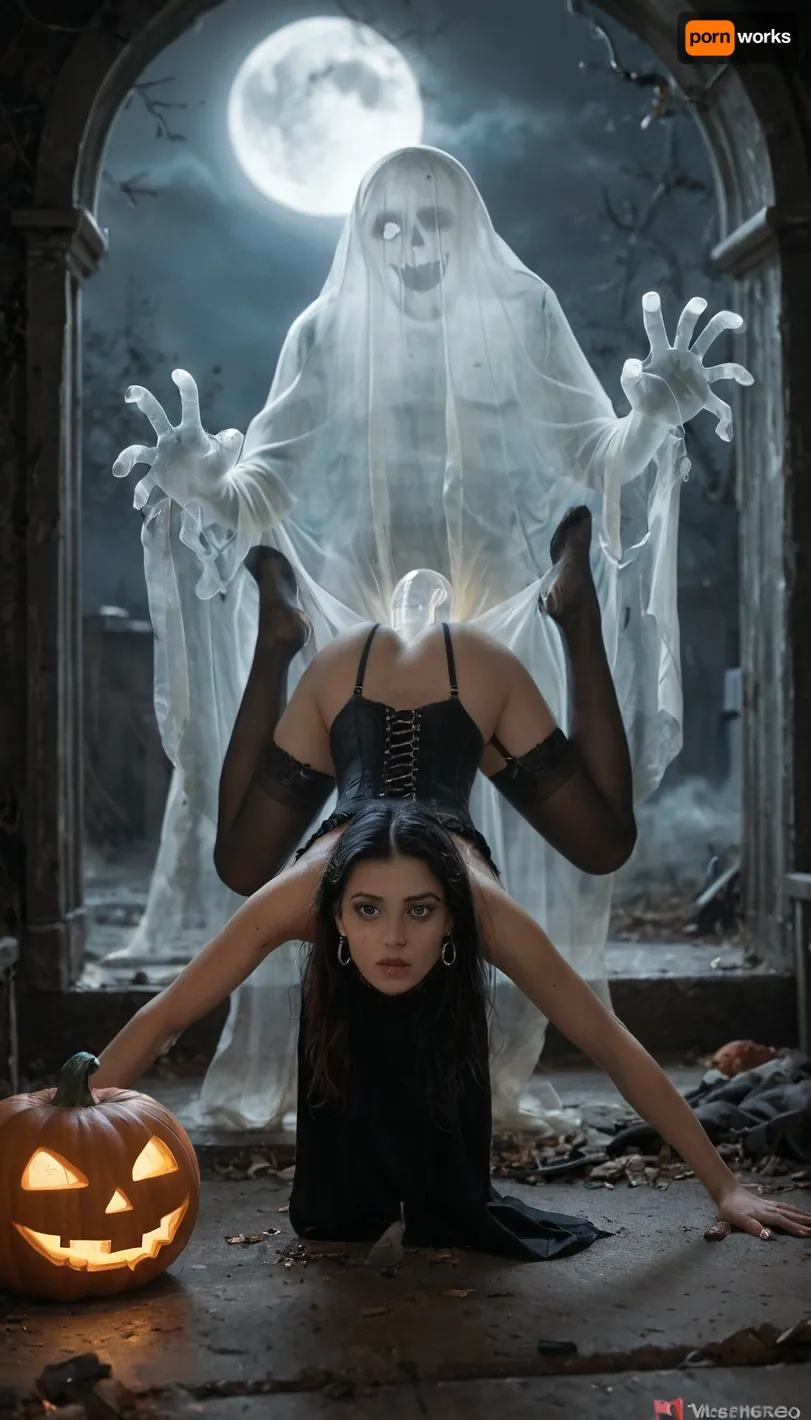 Pumpkin Jack, Jack-o'-lantern, Halloween, Abandoned crypt, mist, night, aether cock, gothic girl, pubic hair landing strip, medium breasts, blue eyes, corset, choker, garter belt, stockings, dress, ghost cock, flying ghost cocks, wet body, on all fours, push ass up, ghost, Dead hands sticking out of the ground, transparent cock, five cocks, cocks flying around the girl, double penetrations, spread legs, legs up, gangbang ghost, transparent, transparent entities, person, <lora:ghosts person 1a:1.5>, <lora:Aether_Ghost_v1.1_LoRA:1.6>, JackSkellington1024, <lora:JackSkellington1024:.8>