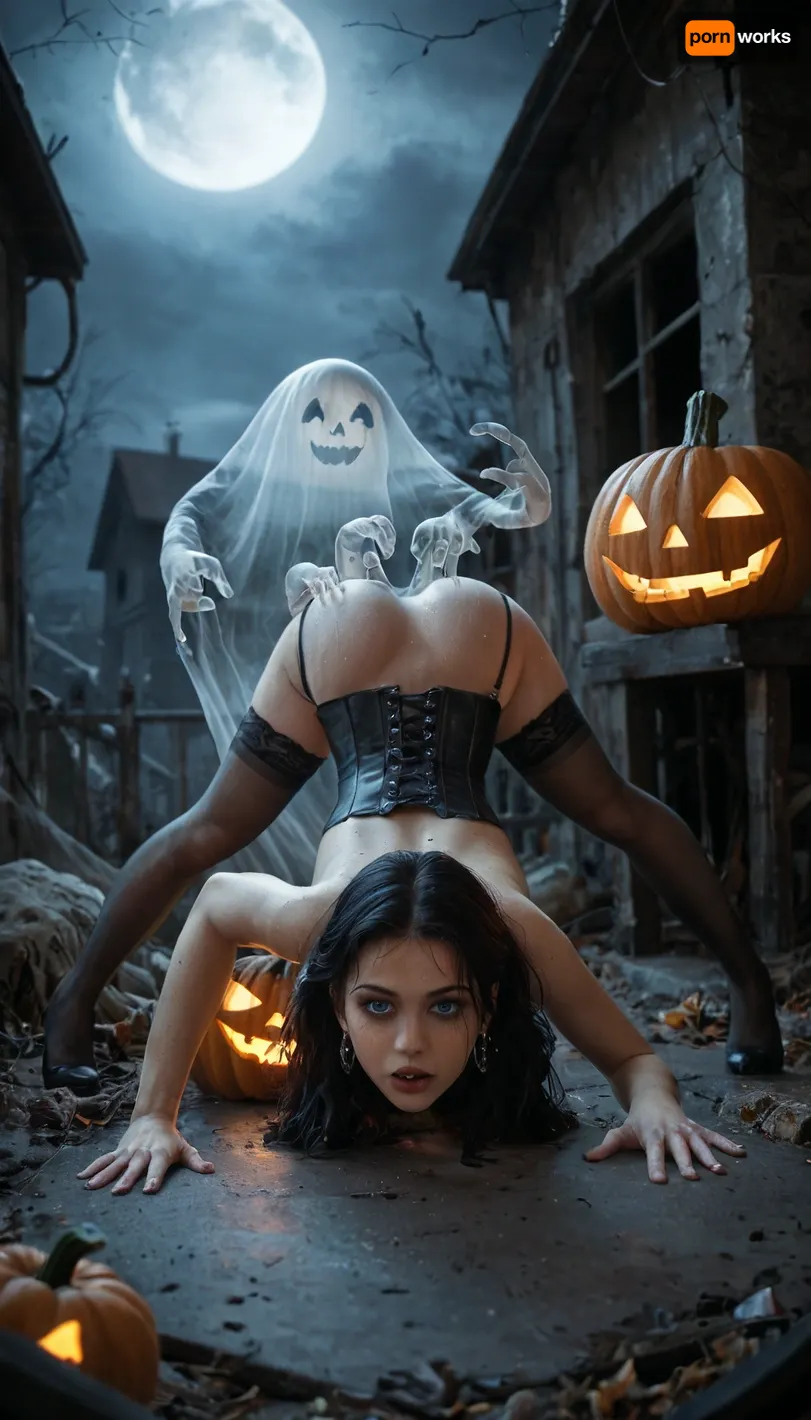 Pumpkin Jack, Jack-o'-lantern, Halloween, Abandoned crypt, mist, night, aether cock, gothic girl, pubic hair landing strip, medium breasts, blue eyes, corset, choker, garter belt, stockings, dress, ghost cock, flying ghost cocks, wet body, on all fours, push ass up, ghost, Dead hands sticking out of the ground, transparent cock, five cocks, cocks flying around the girl, double penetrations, spread legs, legs up, gangbang ghost, transparent, transparent entities, person, <lora:ghosts person 1a:1.5>, <lora:Aether_Ghost_v1.1_LoRA:1.6>, JackSkellington1024, <lora:JackSkellington1024:.8>