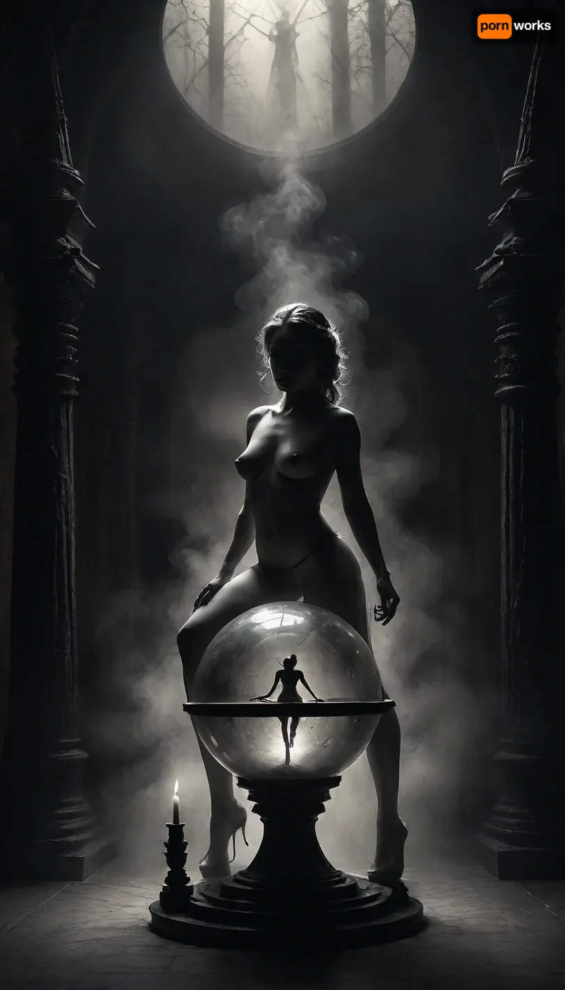 middle age, close-up of a beautiful, large crystal ball belonging to a gypsy fortune teller on a small wooden old table with, (a detailed projection inside the crystal ball of a extraordinary detailed stunning nude dancer:1.5), highly detailed image, Double exposure, blurred background, next to single skull with candle on top, surrounded by a fucking couple, (standing sex:1.4), in a dark dusty forest, an mystic black castle, cloudy, smoke, atmospheric, clouds, fog, Black, and, white, art, black, pencil, shading, charcoal, drawing, toned, paper, brutal, dark, b/w, color, scheme, <lora:add-detail-xl:1.1>, <lora:Cloudy_Style:1.5>, <lora:Black and white art.V1:1.8>, <lora:dark:.3>