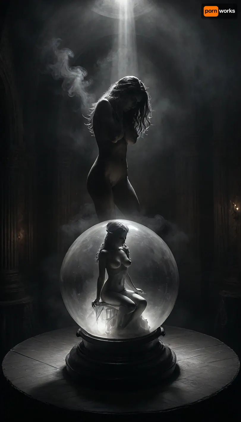 middle age, close-up of a beautiful, large crystal ball belonging to a gypsy fortune teller on a small wooden old table with, (a detailed projection inside the crystal ball of a extraordinary detailed stunning nude dancer:1.5), highly detailed image, Double exposure, blurred background, next to single skull with candle on top, surrounded by a fucking couple, (standing sex:1.4), in a dark dusty forest, an mystic black castle, cloudy, smoke, atmospheric, clouds, fog, Black, and, white, art, black, pencil, shading, charcoal, drawing, toned, paper, brutal, dark, b/w, color, scheme, <lora:add-detail-xl:1.1>, <lora:Cloudy_Style:1.5>, <lora:Black and white art.V1:1.8>, <lora:dark:.3>