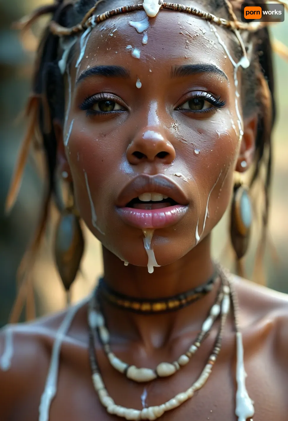 30 year old female ancient africa tribal queen, covered in thick white realistic cum, sexy expression, orgasm, orgasm face, Mouth half open, tongue on lip, eyes half closedwoman, cum, on, face, <lora:MJ52:.3>, <lora:BUT_SDXL_SHS:1.3>, <lora:add-detail-xl:.7>, <lora:CinematicStyle_v1:2>, <lora:JustCum:1.5>