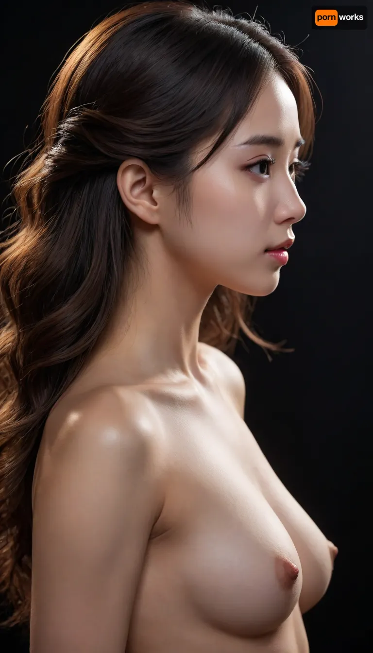 1girl, manhua beauty, gentle, naked, flat chest, extremely detailed hair, nipples texture, side view, close up, black background, rimlight