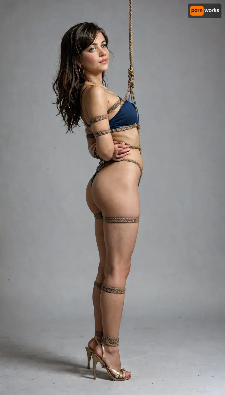 FILM PHOTOGRAPHY STYLE, korra highheels ropebondage bdsm shibari hogtied Hands and feet tied together hands behind back suspension cloth stripgag urination, side view, bdsm, <lora:detailed_notrigger:2>, <lora:add-detail-xl:.8>, <lora:LCMTurboMix_Euler_A_fix:.8>, <lora:677862_training_data:.8>