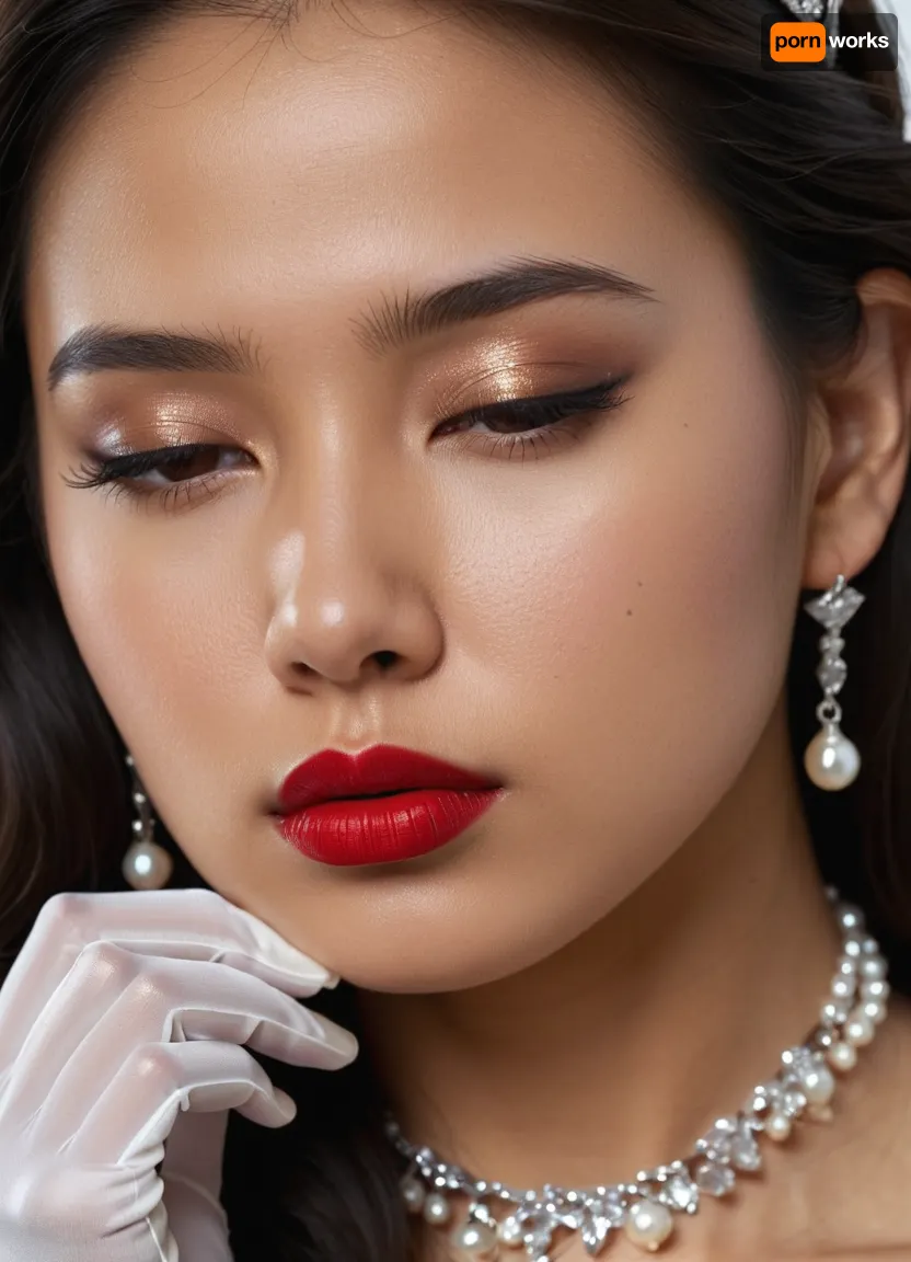 Passport photo, A 22 years old Malaysian woman, small breasts, brunette, naked, long hair, Black color hair, red lips, hyperrealistic photo, white background, Full HD, 8K, front body view, virgin pussy, wearing transparent black pantyhose, diamond tiara, pearl necklace, transparent black long gloves, below view, focus pussy, pussy close up view, eyes closed, sad, sorrow, facial, expression, <lora:Expressions XL:.8>