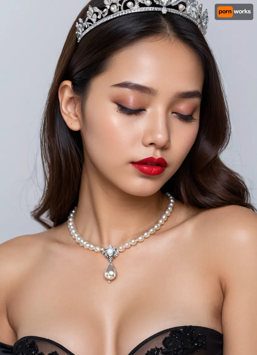 Passport photo, A 22 years old Malaysian woman, small breasts, brunette, naked, long hair, Black color hair, red lips, hyperrealistic photo, white background, Full HD, 8K, front body view, virgin pussy, wearing transparent black pantyhose, diamond tiara, pearl necklace, transparent black long gloves, below view, focus pussy, pussy close up view, eyes closed, sad, sorrow, facial, expression, <lora:Expressions XL:.8>