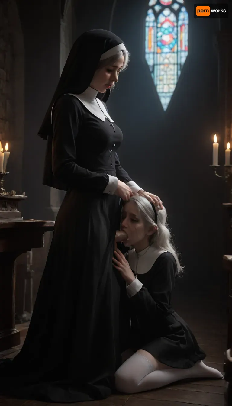 mature_futanari_granny_with_an_innocent_girl, 55_years_old, futanari, penis, medium_breasts, breasts open, skirt up, semen, very_big_cumshot, vintage_long_stockings, girl kneeling, futanari_standing, clothes open, futa granny dominates an innocent girl, girl sucks dick on her knees, futa blows dick in girl's mouth, closed_eyes, testicles, erection, ((girl_gives_blowjob)), girl in monastic_cassock, gray_hair, skirt, miniskirt, medium_length_hair, big_ass, futa with girl, girl sucks futa, girl gives blowjob, very_big_thick_thighs, very_thick_thighs, nun's_cassock, open_mouth, cum_in_girl's_mouth, gothic_church_inside, candles, long_sleeves, ejaculation, futanari_with_a_girl, moaning, hug, realistic, lifted_skirt, runny_makeup, (makeup smeared from tears), tears, (crying), embarrassment, blush, orgasm facial expression, ruined makeup, flowing tears, wrinkles on face, cum on thighs, cum on clothes, nun's headdress, gothic_night_church, dark_church, center aisle, (red-blue neon lighting), <lora:fog_creatures_v4:2>, <lora:dark:2>