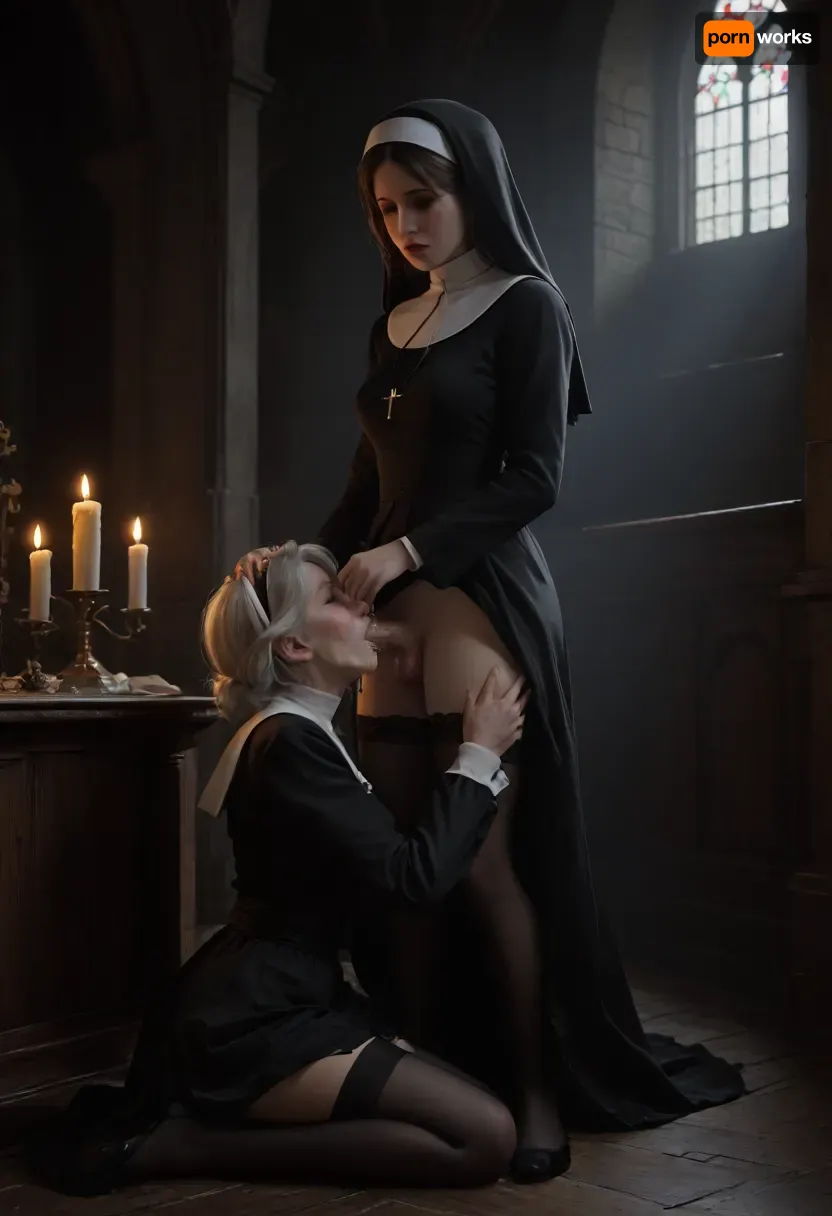 mature_futanari_granny_with_an_innocent_girl, 55_years_old, futanari, penis, medium_breasts, breasts open, skirt up, semen, very_big_cumshot, vintage_long_stockings, girl kneeling, futanari_standing, clothes open, futa granny dominates an innocent girl, girl sucks dick, futa blows dick in girl's mouth, closed_eyes, testicles, erection, ((girl_gives_blowjob)), girl in monastic_cassock, gray_hair, skirt, miniskirt, medium_length_hair, big_ass, futa with girl, girl sucks futa, girl gives blowjob, very_big_thick_thighs, very_thick_thighs, nun's_cassock, open_mouth, cum_in_girl's_mouth, gothic_church_inside, candles, long_sleeves, ejaculation, futanari_with_a_girl, moaning, hug, realistic, lifted_skirt, runny_makeup, (makeup smeared from tears), tears, (crying), embarrassment, blush, orgasm facial expression, ruined makeup, flowing tears, wrinkles on face, cum on thighs, cum on clothes, nun's headdress, gothic_night_church, dark_church, center aisle, (red-blue neon lighting), <lora:fog_creatures_v4:2>, <lora:dark:2>