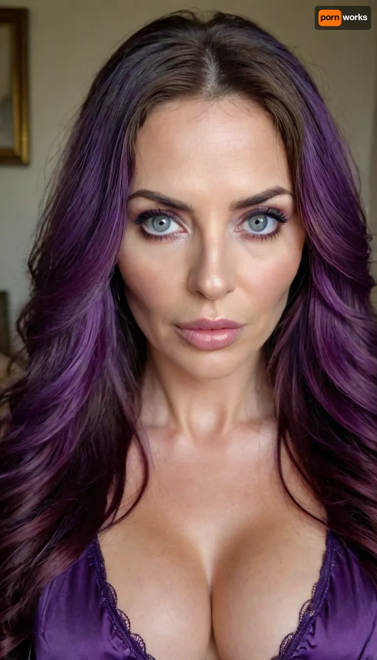 mature, raunchy, milf, long purple wavy hair, facial wrinkles, skinny, busty, serious, evil, bright eyes, symetric eyes, perfect eyes, beautiful eyes, looking into camera, bmbplora, <lora:bimboxl_02:1>